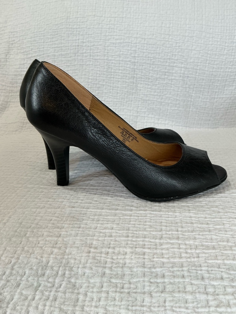 🤎 I Love Comfort Black Leather Peep Toe Shoes 3 1/2 Inch Heels Pumps - Size 8.5 - Picture 4 of 8